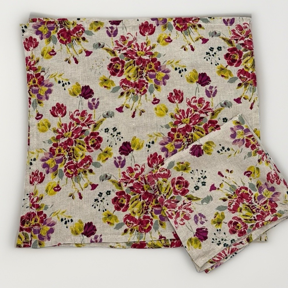 World Market Cloth Napkins 100% Linen Floral Set of 3 Boho Cottage Country